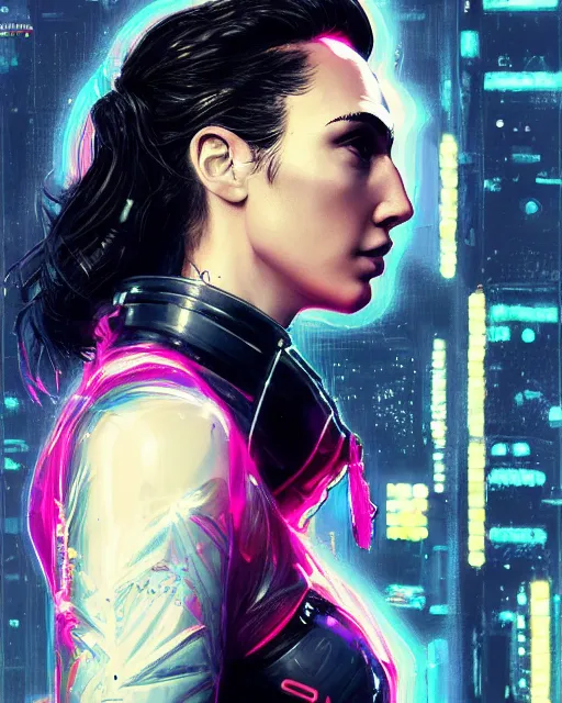 Image similar to detailed side profile portrait Gal Gadot, cyberpunk futuristic neon, reflective puffy coat, decorated with traditional Japanese ornaments by Ismail inceoglu dragan bibin hans thoma greg rutkowski Alexandros Pyromallis Nekro Rene Maritte Illustrated, Perfect face, fine details, realistic shaded, fine-face, pretty face