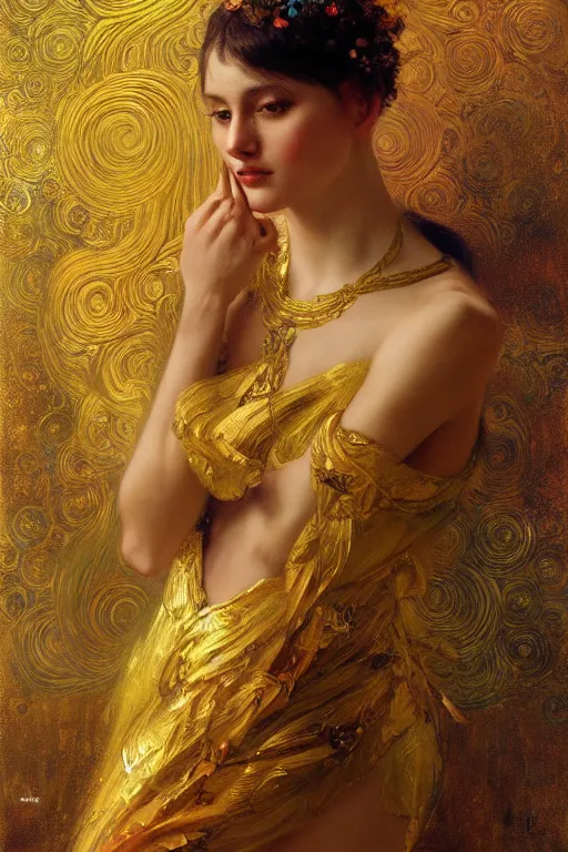 Image similar to an intricate artistic pose painting of a beautiful young muse with an artistic sensual pose with klimt golden motives and textures, hyper detailed, ornamental gold headpiece, octane render, vivid colors, artstation, by jeremy mann, by alphonse mucha, by boris vallejo