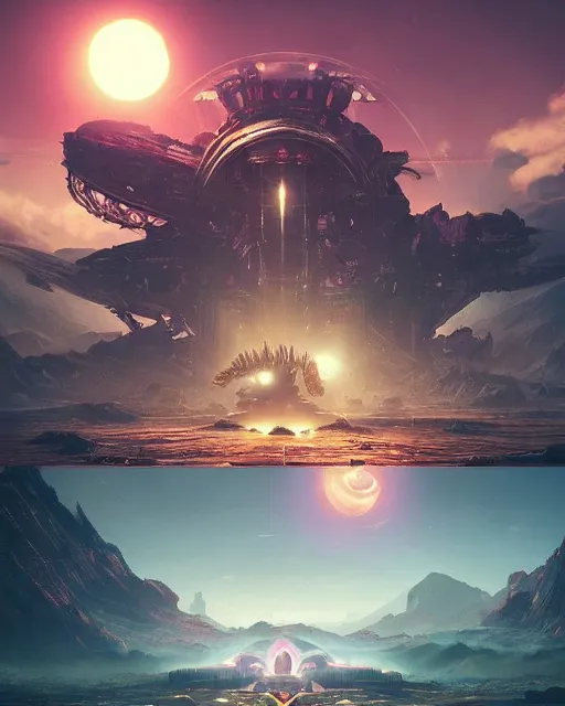 Image similar to alien temple, beautiful landscape, nier automata, protoss!!!!, machine planet, mothership in the sky, pink sun, tropical forest, colorful light, advanced technology, cinematic lighting, highly detailed, masterpiece, art by bastien grivet and darwin cellis and jan urschel