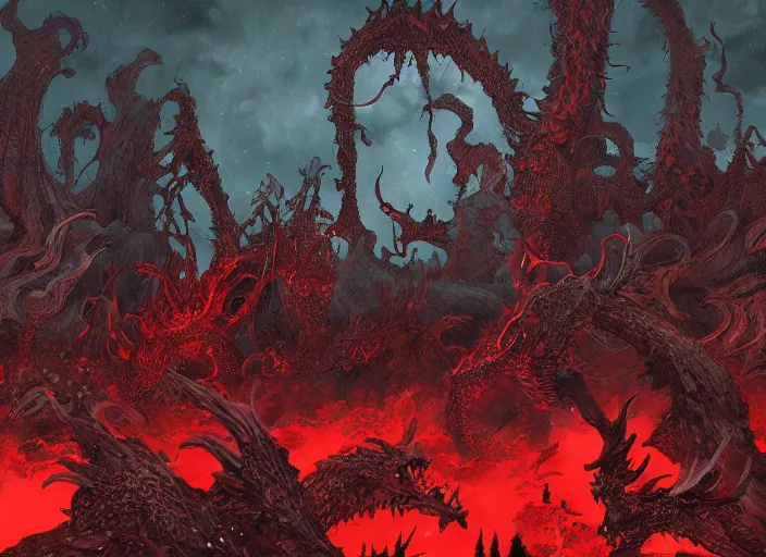 Prompt: a landscape of the hell by takeshi obata and mike mignola, hell, dragons, red and black colors, colors, abandoned buildings, forest with trees with faces, small demons, shadows screaming, night sky, highly detailed, cgsociety, artstation, very detailed