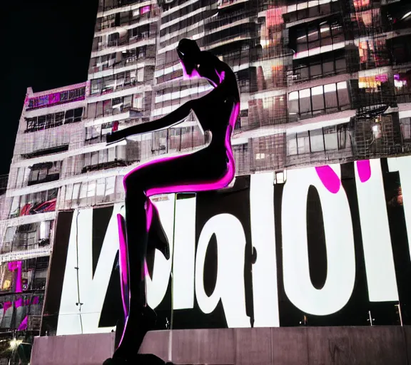 Image similar to night time photo of billboard advertisement of extremely beautiful female black marble statue in the style of virgil abloh, colorful motocross logos behind her, sharp focus, clear, detailed,, cinematic, detailed, off white, glamourous, symmetrical, vogue, editorial, fashion, magazine shoot, glossy