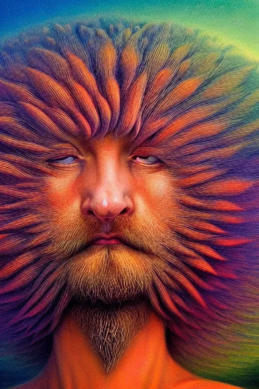 Image similar to hyperrealistic close-up Renaissance psychedelic!! god happy fluffy kind! creature!! peaceful! kind spirit of nature highly detailed concept art eric zener elson peter cinematic hard rainbow lighting high angle hd 8k sharp shallow depth of field, inspired by Zdzisław Beksiński