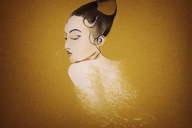 Image similar to beautiful serene swimming person, life, minimalistic golden and ink airbrush painting on white background