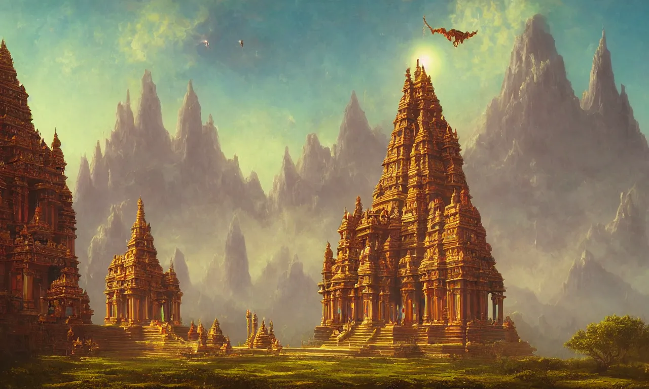Prompt: A beautiful Hindu temple by Simon Stålenhag and Albert Bierstadt, oil on canvas, with a dragon flying above the temples