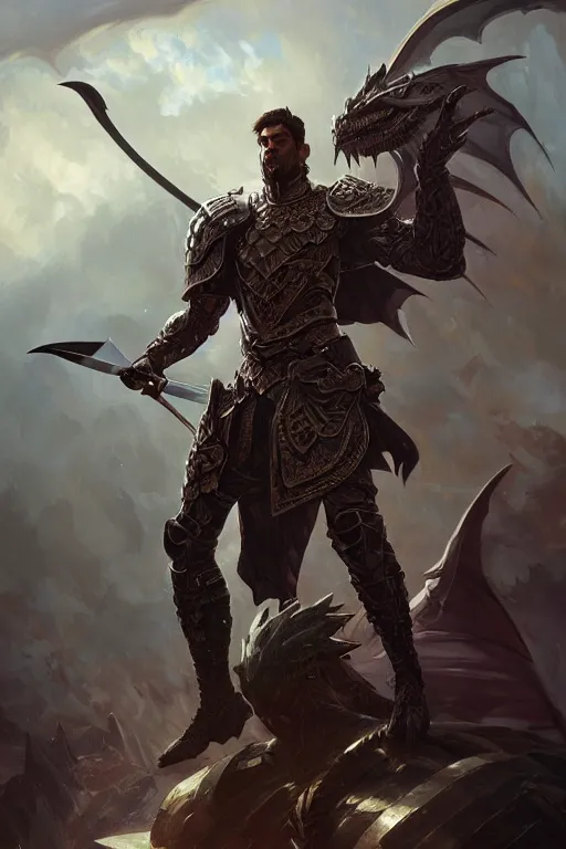 Prompt: male warrior, wearing a dark armor, fighting a dragon, large sword, intricate, elegant, highly detailed, digital painting, artstation, concept art, smooth, sharp focus, illustration, art by artgerm and greg rutkowski and alphonse mucha and andrei riabovitchev