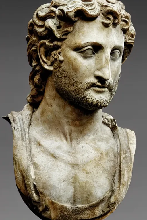 Image similar to an ancient greek marble statue of actor gerard butler, painted in reconstructed original colors, courtesy of the british museum