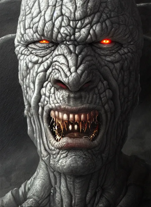 Prompt: close up portrait of a grey monster with no eyes in the mountains of hell, oil painting by tomasz jedruszek, cinematic lighting, pen and ink, intricate line, hd, 4 k, million of likes, trending on artstation