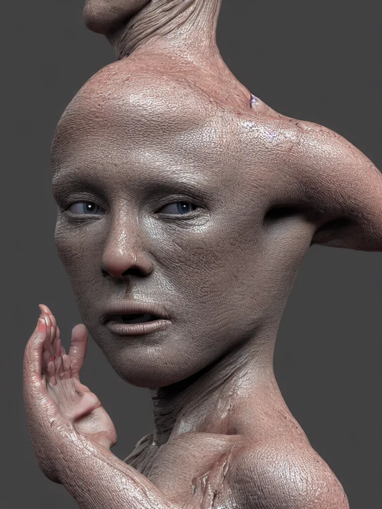 Image similar to a 3d primitive tube shape, texture-mapped with human skin, straight smooth vertical , highly realistic, Surface Painter, hyper-real, 4k, Octane render