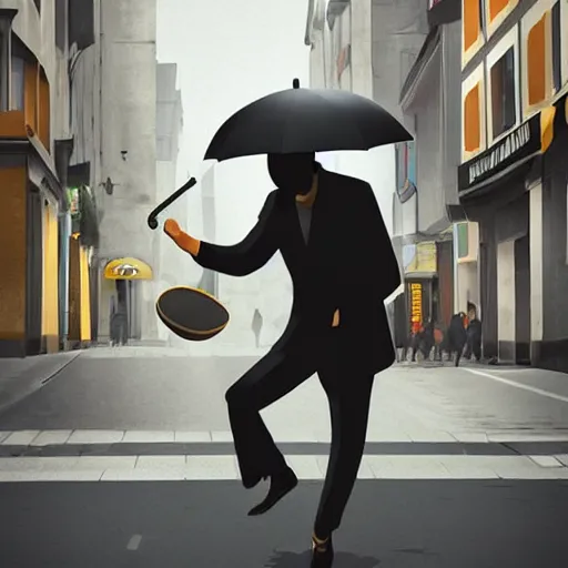 Image similar to a man with umbrella hiding from french fries falling from the sky, digital art, illustration, hyper realistic