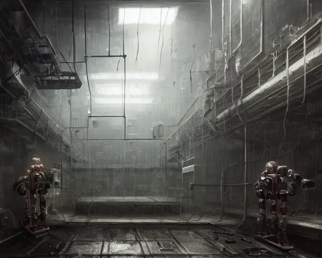 Prompt: gloomy ruined server room in datacenter robot automata rusty steel robot knight colossus welder pacing fixing mono eyed, sharp focus, emitting diodes, smoke, artillery, sparks, racks, motherboard, by pascal blanche rutkowski repin artstation hyperrealism painting concept art of detailed character design matte painting, 4 k resolution blade runner