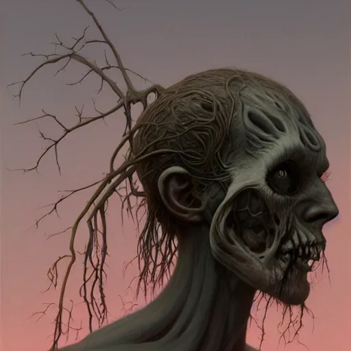 Image similar to a terrifying nature organic portrait of a p - zombie!!! natural lighting art dawn. highly detailed. colourful. moody. artstation, 4 k, by gerald brom zdzisław beksinski, and ansel adams and studio ghibli, horror, lots of sakura flowers, lovely, desperate