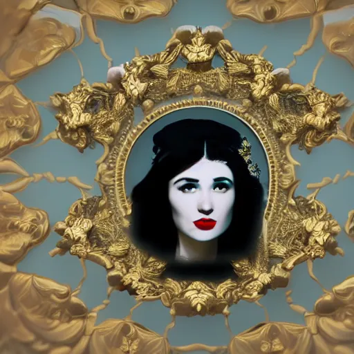 Prompt: a beautiful black haired woman with pale skin and a crown on her head sitted on an intricate metal throne, sharp focus, 8 k, cg, style by andy warhol