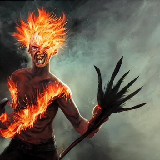 Prompt: An epic fantasy comic book style portrait painting of young Gollum with red spiked long hair, using an orange lens googles. Wearing white shirt, a black waistcoat, brown pants and black boots. He is throwing a wild fire blast from his hands, with a vicious smile in face. Unreal 5, DAZ, hyperrealistic, octane render, cosplay, RPG portrait, dynamic lighting , 8k ,