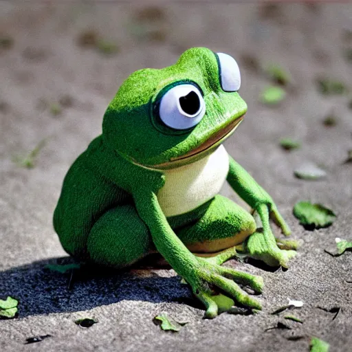 Prompt: Little Pepe the Frog sitting on a picnic in the park. 25mm, focused, masterpiece, soft lights, International Photography Awards, photo by Steve Hanks, art by Yoshitaka Amano