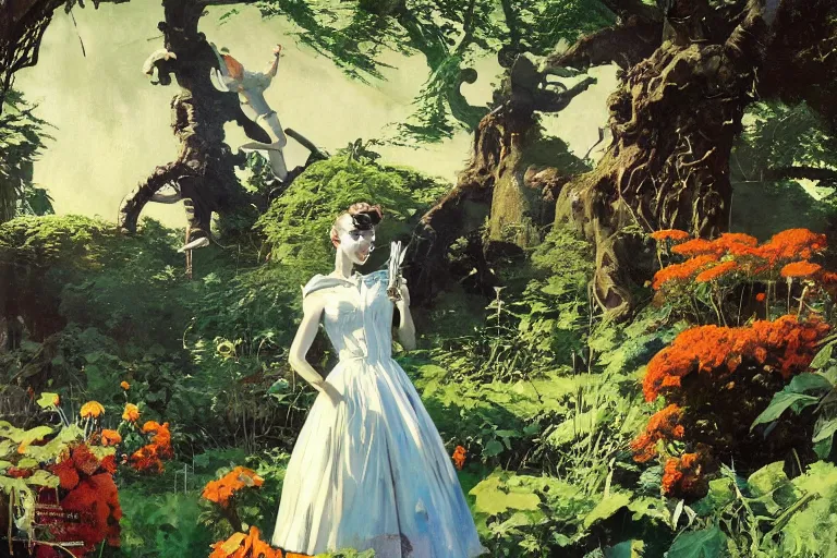 Image similar to 5 0 s pulp scifi illustration, elegant woman in beautiful english country garden, flowers, baobab trees, country mansion, spacehip lands, by norman rockwell, jack kirby, john berkey, bergey, craig mullins, ruan jia, raymond swanland, jeremy mann, beksinski, tom lovell, alex malveda, schomburg