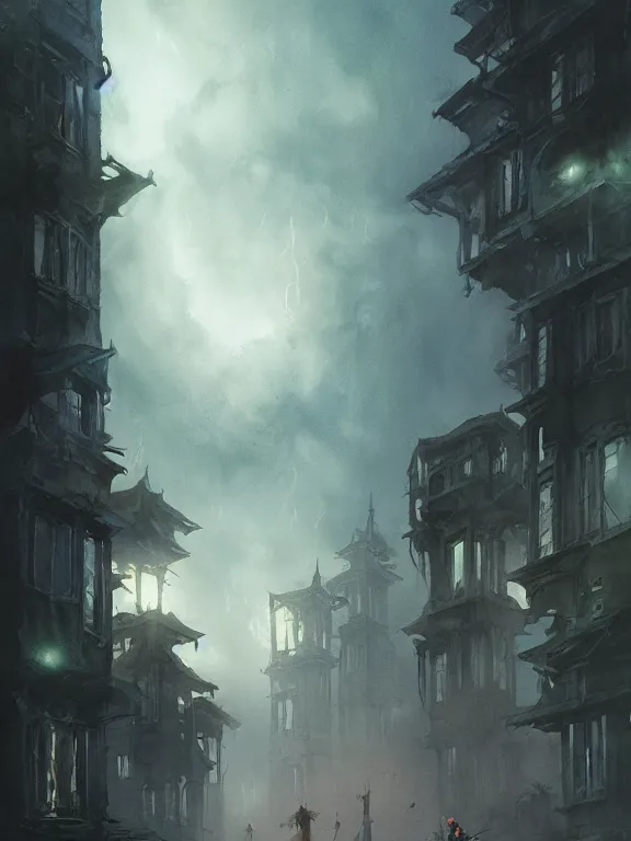 Prompt: a group of urban fantasy adventurers approach a tall and foreboding haunted house at sunset, teal spectral denizens rise from windows, detailed realistic watercolor by greg rutkowski and kwanchai moriya, haunting, ominous, exciting, solemn, lightning study