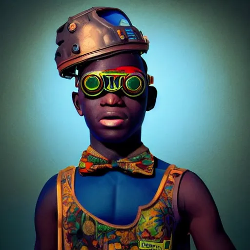 Prompt: colourful vfx art of a nigerian boy wearing steam punk goggles, art by utagawa kunisada & james jean, volumetric light, ray tracing, unreal engine, octane 3 d render, sharp, detailed, digital painting, illustration, highly detailed, intricate detail, pinterest, behance, art station,