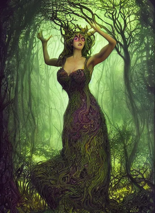 Image similar to junoesque curvaceous fey queen, vine dress, glowing forest, strong line, eerie color, beautiful! coherent! by brian froud, by mariusz lewandowski