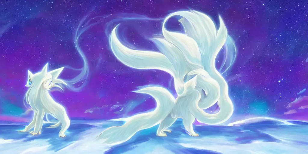 Image similar to Alolan Ninetales shiny, standing on an snowy hill with an aurora borealis in the night sky, Pokémon,