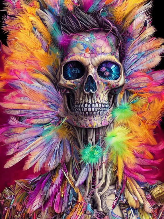 Prompt: art portrait of skeleton with colorful feathers exploding out of head,8k,by tristan eaton,Stanley Artgermm,Tom Bagshaw,Greg Rutkowski,Carne Griffiths,trending on DeviantArt,face enhance,hyper detailed,minimalist,full of colour