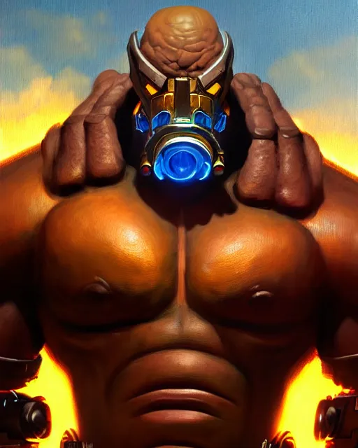 Image similar to doomfist from overwatch, fantasy, fantasy art, character portrait, portrait, close up, highly detailed, intricate detail, amazing detail, sharp focus, vintage fantasy art, vintage sci - fi art, radiant light, caustics, by boris vallejo