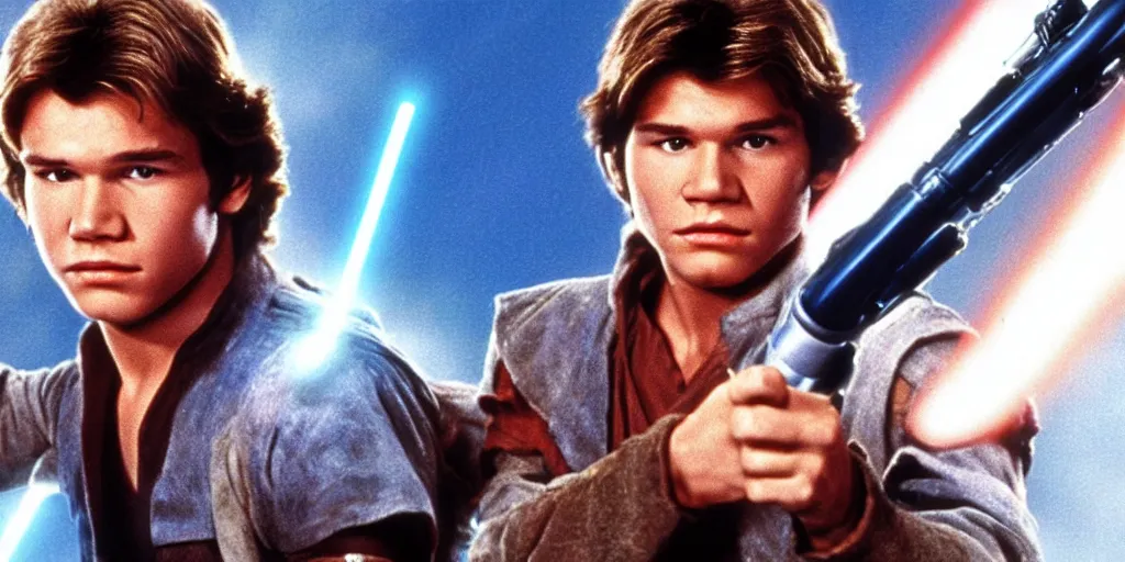 Image similar to A full color still from a film of a teenage Han Solo as a Jedi padawan holding a lightsaber hilt, from The Phantom Menace, directed by Steven Spielberg, 35mm 1990