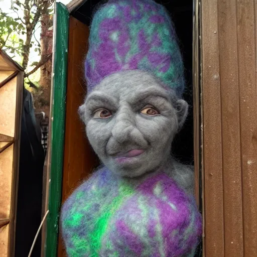 Image similar to photo of a larger than life sized needle - felted 2 0 0 year old wrinkly crone covered in warts sitting behind a needle felted dumpster in a needle felted alley way with low light and dark shadows