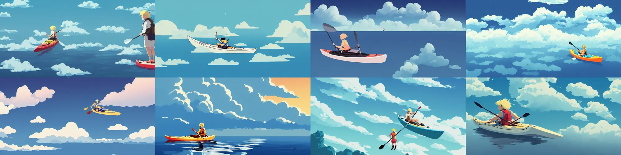 Prompt: light blue kayak!!!!! blond kayaker paddling in his above the clouds in the sky, by James Gilleard, studio ghibli, highly detailed trending at artstation, 4k, hdr, backlight