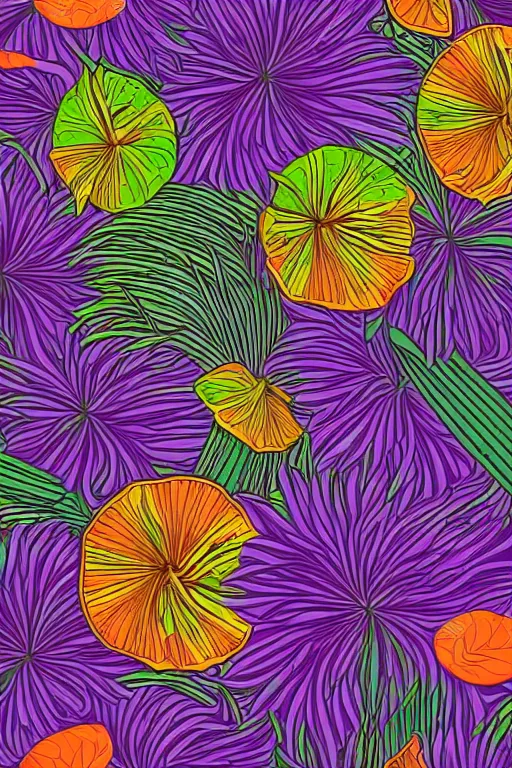 Image similar to moody Intricate detailed vector illustration of tropical flowers and green reeds, multiple cohesive colors ranging from warms purples to bright oranges on a ((very dark background)), 4K resolution