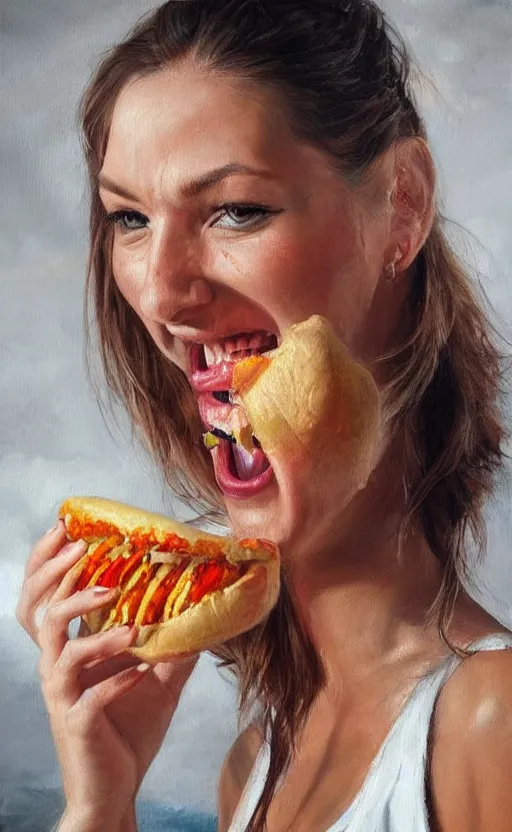 Prompt: amazing very detailed photorealistic painting of a beautiful woman enjoying a delicious mean. vibrant in color, very funny, personal, positive, visually pleasing and engaging. high resolution. high quality. hq hd. trending on artstation.