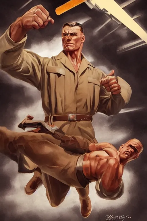 Image similar to vintage photograph of doc savage punching hitler clear detail, photorealistic, drawn by eric anthony johnson ericanthonyj artstation artgerm greg rutkowski and magali villeneuve 8 k subsurface scattering, hd, 8 k resolution, award winning photo, epic digital art