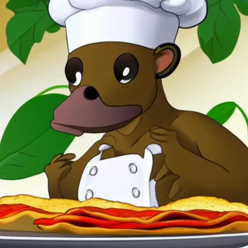 Image similar to platypus wearing a chef hat while cooking a lasagna with three basil leaves over the lasagna