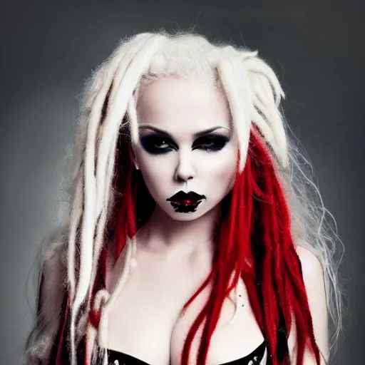 Prompt: kerli koiv flawless beautiful gothic with blonde and red dreadlocks in a black ballgown, dark, piercing clear eyes, exotic expression, photorealistic, highly detailed, mysterious lighting, smooth, sharp focus, 8 0 mm camera