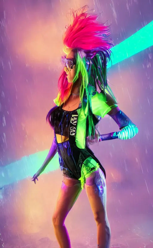 Prompt: Full body, attractive rave woman with neon hair, side buzz, soft eyes and narrow chin, fit dainty figure, long hair straight down, torn overalls, short shorts, fishnet stockings, combat boots, basic white background, side boob, in the rain, wet shirt, luscious, style by Jordan Grimmer and greg rutkowski, crisp lines and color,