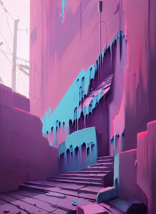 Image similar to matte painting extreme offset 3 d calligraphy graffiti mural dripping paint wall extreme maximalism by atey ghailan, by greg rutkowski, by greg tocchini, by james gilliard, by joe fenton, pink, brown, black and light blue color scheme, octane render