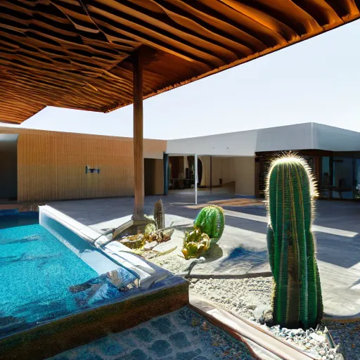 Prompt: modern desert pavilion interior looking out of large pivoting doors into expansive pool and vista with cacti