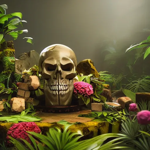 Image similar to Skull and jungle environment, many flowers and one treasure chest by Skull, atmospheric, octane render, 8k, cinematic, hyperrealism, artstation, HDR, cgisociety, smooth, volumetric lighting