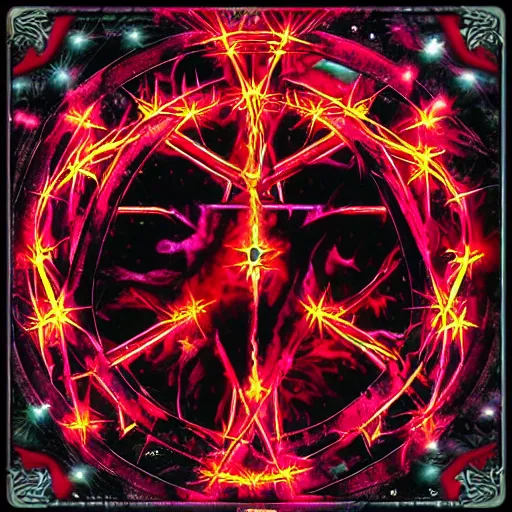 Prompt: spiked korean bloodmoon sigil stars draincore, gothic demon hellfire hexed witchcore aesthetic, dark vhs gothic hearts, neon glyphs spiked with red maroon glitter breakcore Y2K horrorcore metal album cover | Baidu screenshots, chinese shopping website, foriegn illegible nintendo video game