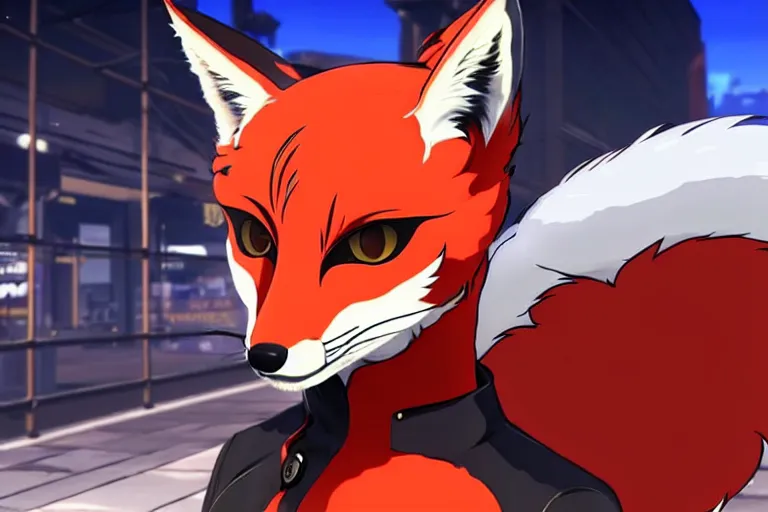 Image similar to a furry tan male fox on a persona 5 : royal ( by atlus ) video game splash screen, a furry male sandcolored tan fox fursona ( has hair ), persona 5 phantom thief style