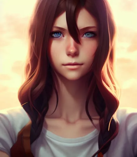 Image similar to portrait of a young woman with blue eyes, brown hair and a perfect body, wearing casual clothes, character design by charlie bowater, ross tran, artgerm, and makoto shinkai, detailed, soft lighting, rendered in octane