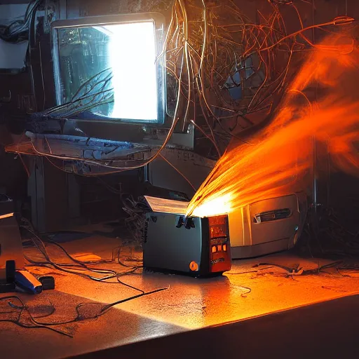 Image similar to overcharging toaster oven, tangles of metallic cables, dark messy smoke - filled cluttered workshop, dark, dramatic lighting, orange tint, sparks, plasma charges, cinematic, highly detailed, sci - fi, futuristic, movie still