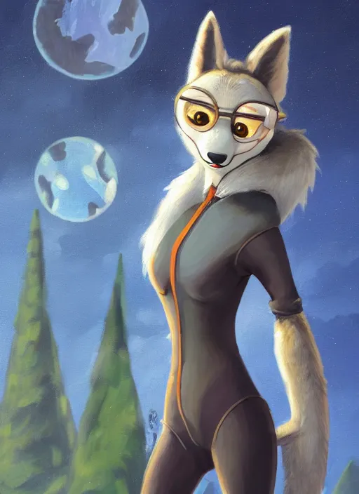 Image similar to oil painting detailed full body of anthromorphic female wolf, in style of zootopia, zootopia, zootopia, fursona, furry, furaffinity, 4 k, deviantart, furry art, fursona art, wearing astronaut outfit, in style of zootopia, wolf fursona, cyberpunk, female, expressive, detailed feminine face,