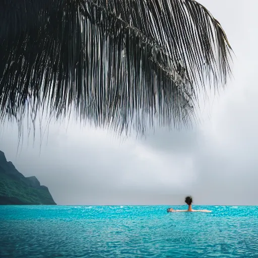 Prompt: a [ woman swimming in tahiti ] during a thunderstorm, [ 4 k photorealism ]!!, trending on unsplash, 4 k