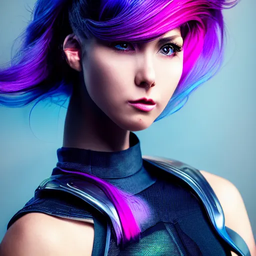 Image similar to a stunning high shutter speed action upper body portrait of a beautiful woman with a ombre purple pink hairstyle with head in motion and hair flying while wearing futuristic navy blue and teal battle bodyarmor and pauldrons by marvel comics, outrun, vaporware, action photography, highly detailed, fine detail, intricate, digital art, trending on artstation