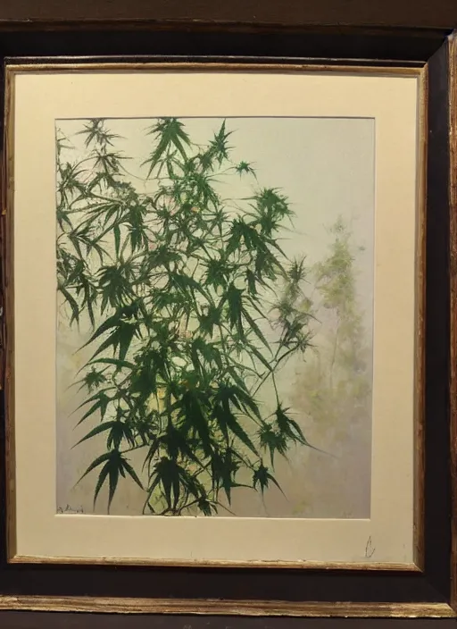 Image similar to oil painting by anders zorn, nature, bush, marijuana flowers, cannabis leaves with backlight