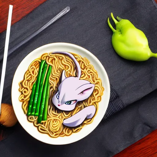 Image similar to Mewtwo cooking ramen, in the style of TC-96