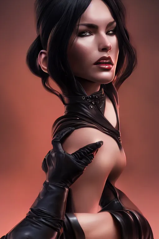 Image similar to portrait of dark goddess, black leather and velvet, body fully clothed, digital art, highly detailed, intricate, sharp focus, Trending on Artstation, HQ, unreal engine 5, 4K UHD image, by brom, artgerm, face by Otto Schmidt