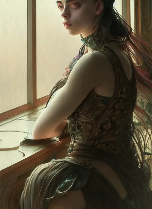 Prompt: Billie Eilish, sitting in a cafe, fantasy, intricate, elegant, highly detailed, digital painting, pale skin, artstation, concept art, matte, sharp focus, illustration, art by Artgerm and Greg Rutkowski and Alphonse Mucha