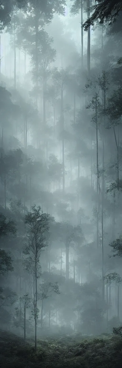 Image similar to Architecture built around a spine-like infrastructure with prefabricated, replaceable cell-like parts arises deep in the forest. Mist. Atmospheric. Wide shot. Matte painting in the style of Ash Thorp and Sparth