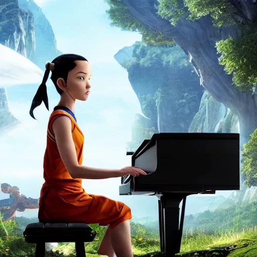 Image similar to Avatar the last airbender playing the piano, UHD, hyperrealistic render, 4k, highly detailed